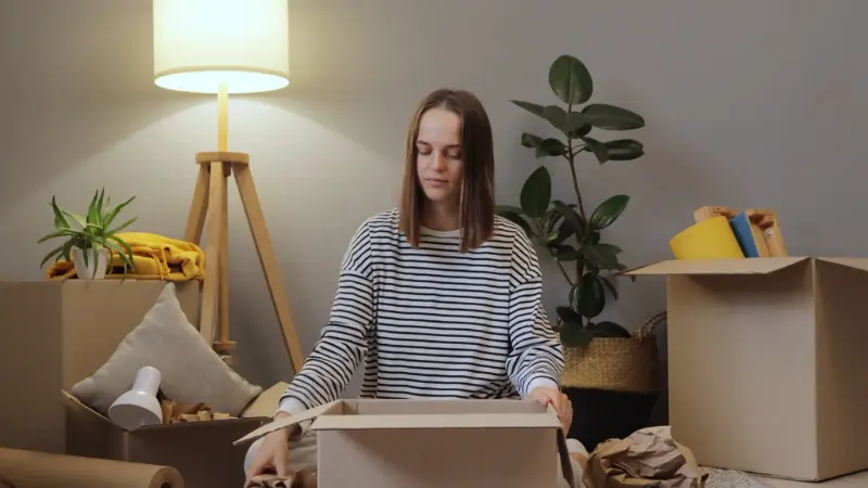 A tenant in Indiana unpacks boxes in a new apartment, preparing to settle in and follow rental responsibilities