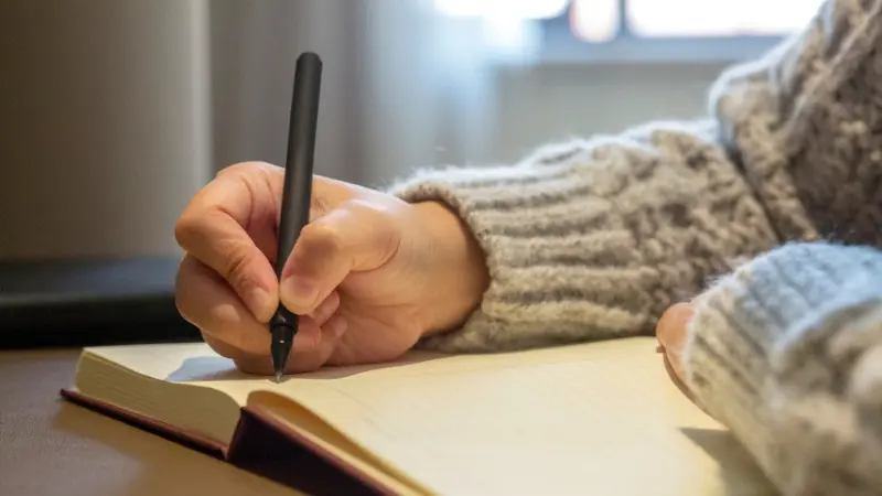 A person holds a pen over an open notebook at a desk