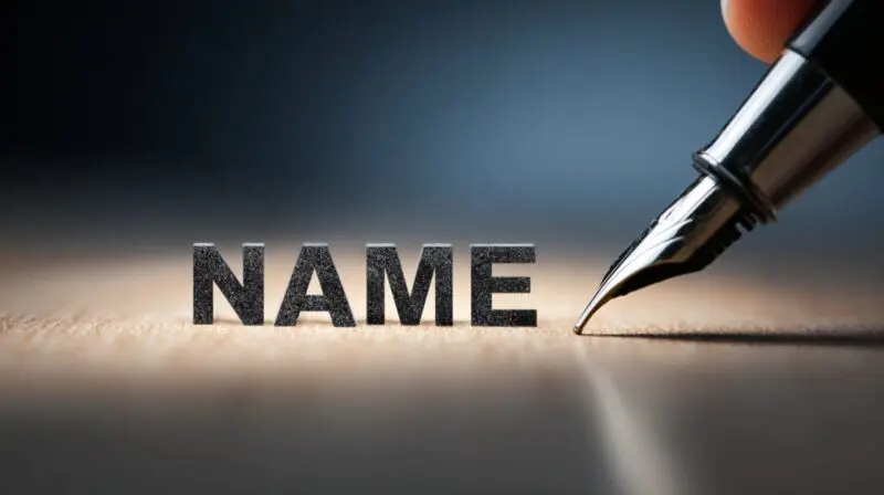 Close up of a pen writing the word name on paper