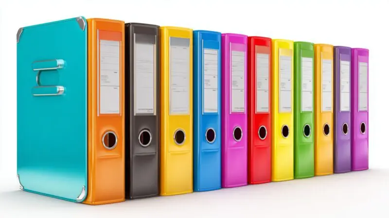 Row of colorful office binders lined up on a shelf