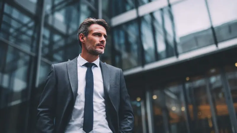 Confident businessman in a suit standing outside a modern office building