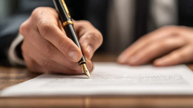 Close up of a person signing a document with a pen
