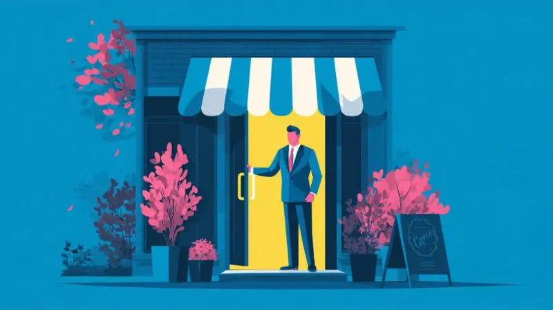 Illustrated business owner standing at the entrance of a small storefront with colorful plants outside