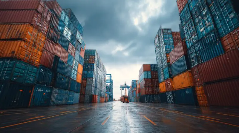 Large shipping containers stacked at an industrial cargo port for international trade and logistics
