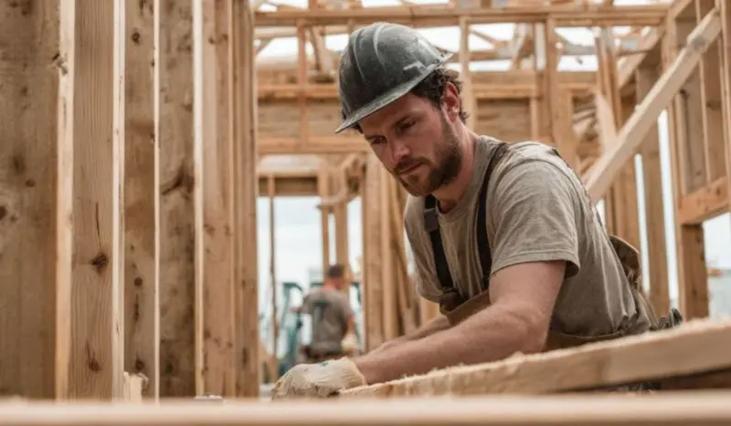Construction worker building a wooden home frame at a residential job site