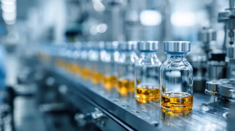 Glass pharmaceutical vials on a production line inside a modern manufacturing facility