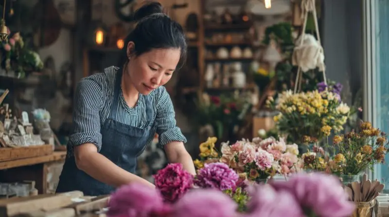 Small business owner arranging flowers inside a cozy floral shop filled with colorful bouquets