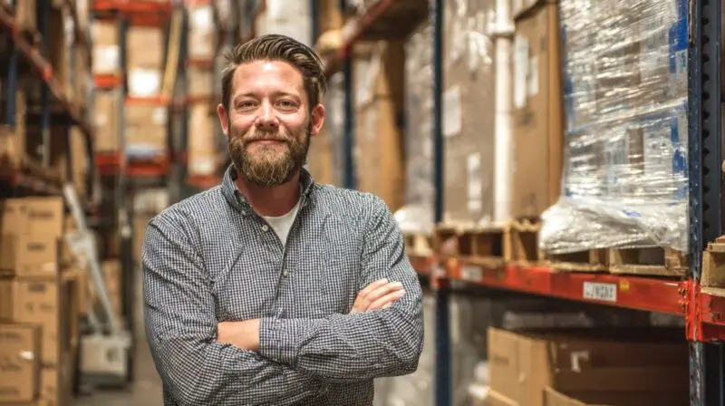 Business owner standing confidently inside a warehouse surrounded by shipping inventory and storage racks
