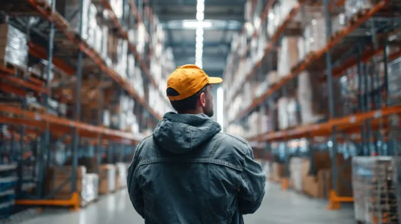 Worker standing inside a large warehouse surrounded by industrial storage shelves and inventory.