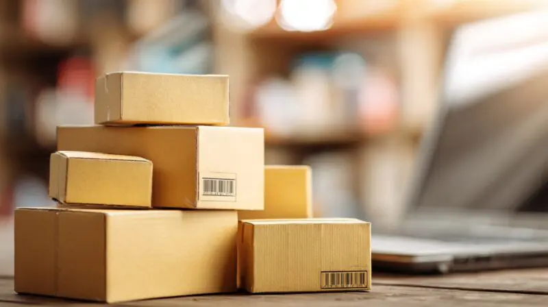 Stacked shipping boxes beside a laptop representing ecommerce fulfillment and online selling