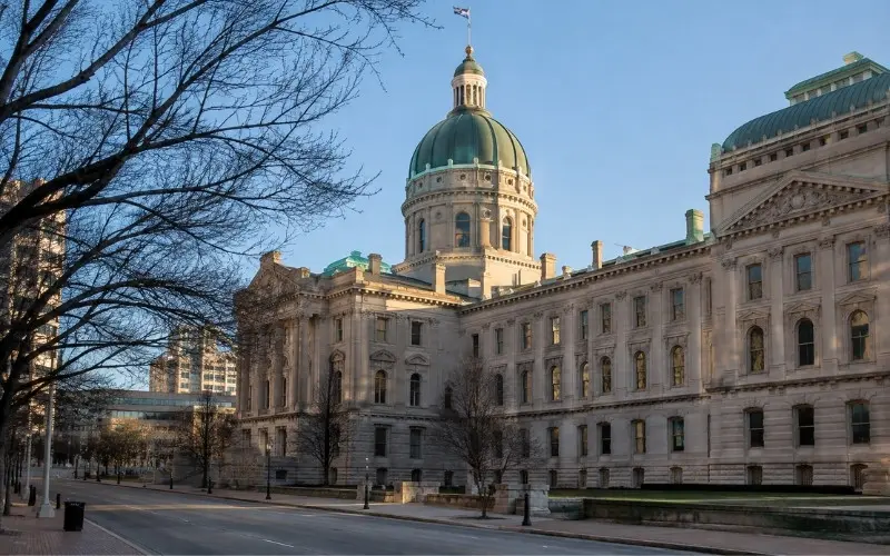 Indiana Statehouse in Indianapolis, where lawmakers passed the 2026 environmental law affecting wetland oversight