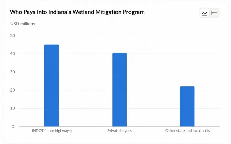 Bar chart showing who buys wetland mitigation credits in Indiana, with private property owners second behind the state highway agency