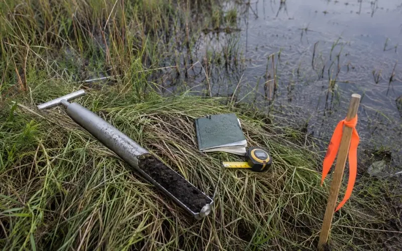 Field survey markers and soil sampling equipment at the edge of a wetland on Indiana property