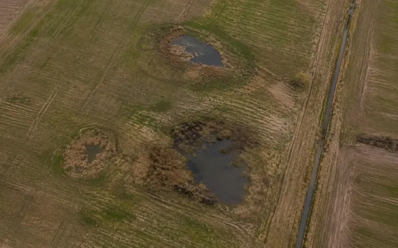 Aerial view of wetland pockets of different sizes across a rural Indiana property