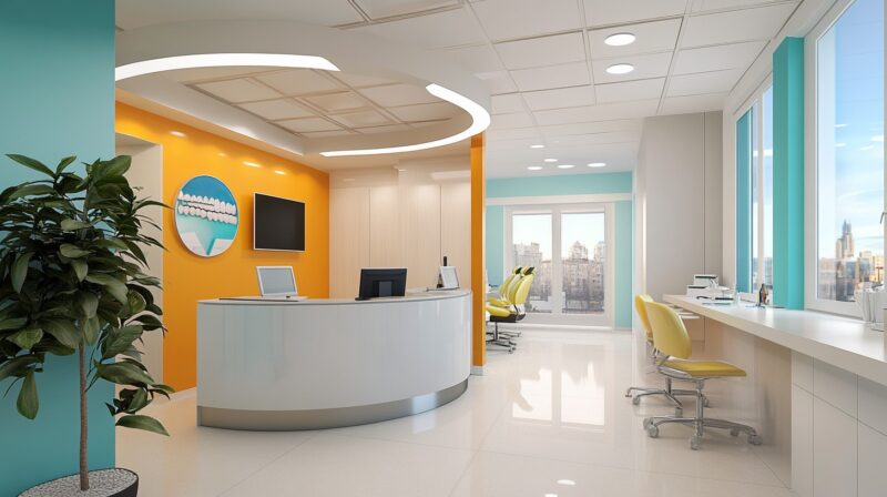 A clean, modern dental office with a reception desk, chairs, and large windows
