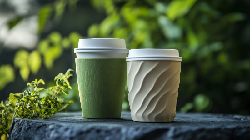 Two reusable coffee cups with lids, one green and one beige, set against a natural outdoor background.