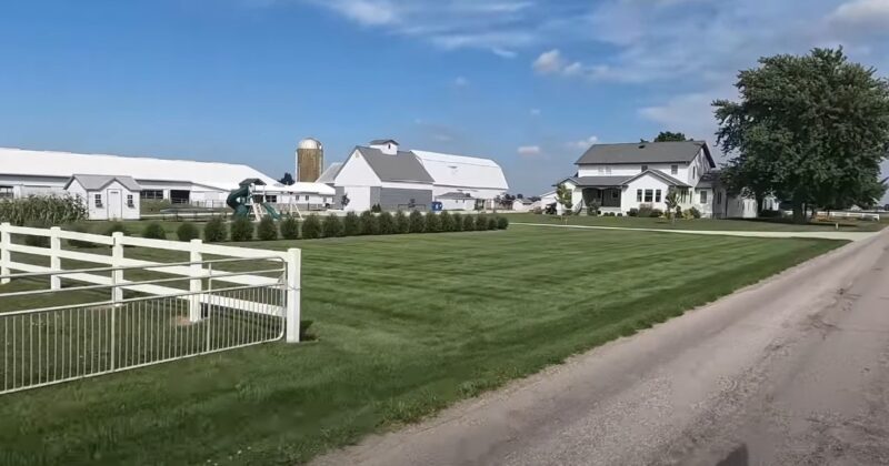 Amish barn on a field full of grass