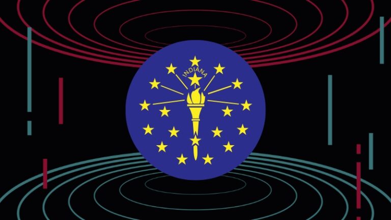 Indiana state flag with digital graphic background used to highlight the fake Indiana slang trend on TikTok